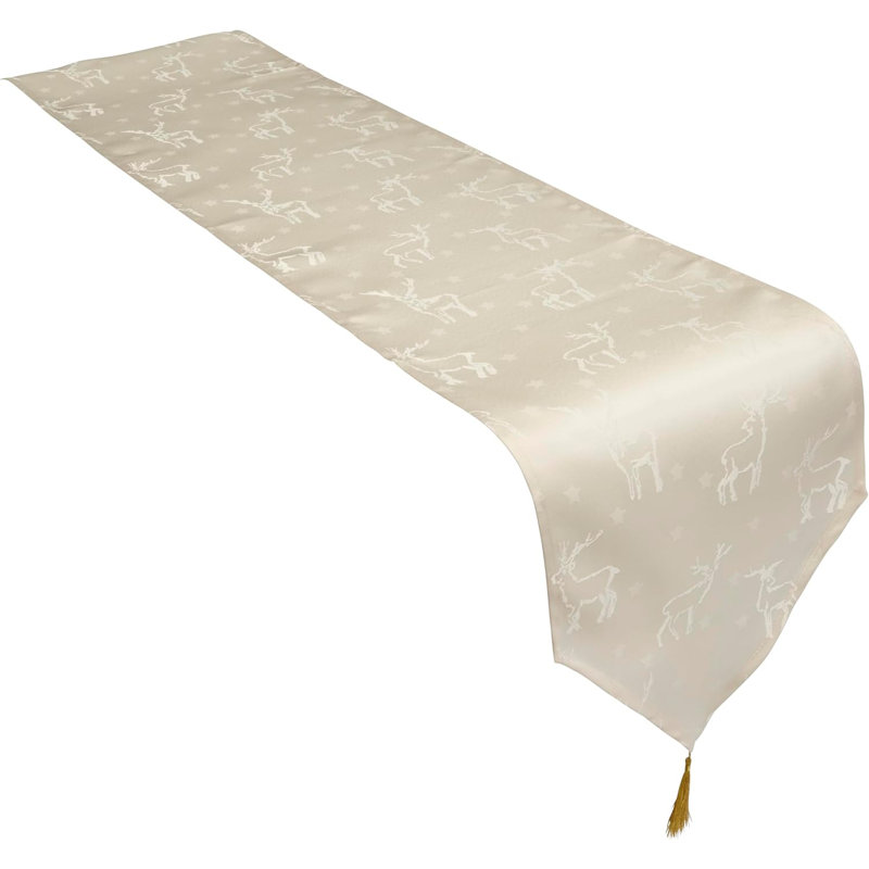 Christmas Tasselled Table Runner Deer Embossed Design, 156cm W x 1152cm L, Cream