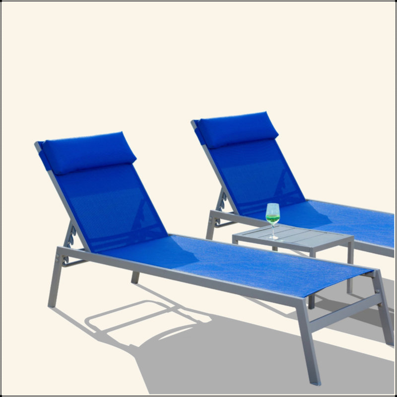 Patio Chaise Lounge Set, 3 Pieces Adjustable Backrest Pool Lounge Chairs Steel PVC-coated polyester Sunbathing Recliner With Headrest (2 Lounge Chairs+1 Table)