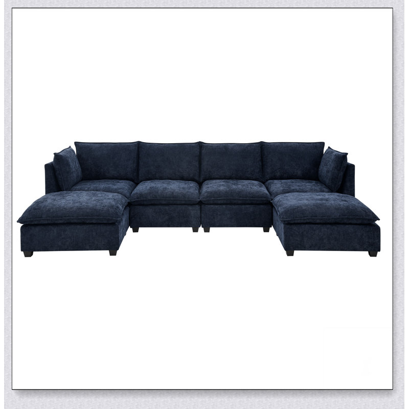 Canapé modulaire à 3 places avec 2 repose-pieds et canapé-lit en chenille Comfy Cloud, Chenille bleu