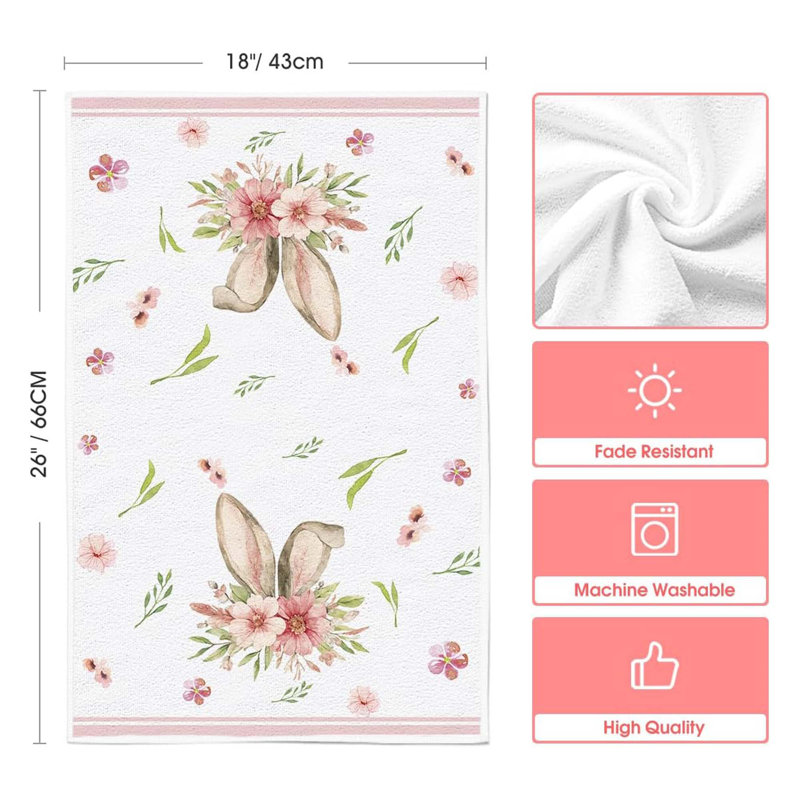 Pink Bunny Rabbit Ears Kitchen Towels With Floral Leaves, Easter Seasonal Hand Towels, 18x26 Inch, Set Of 4