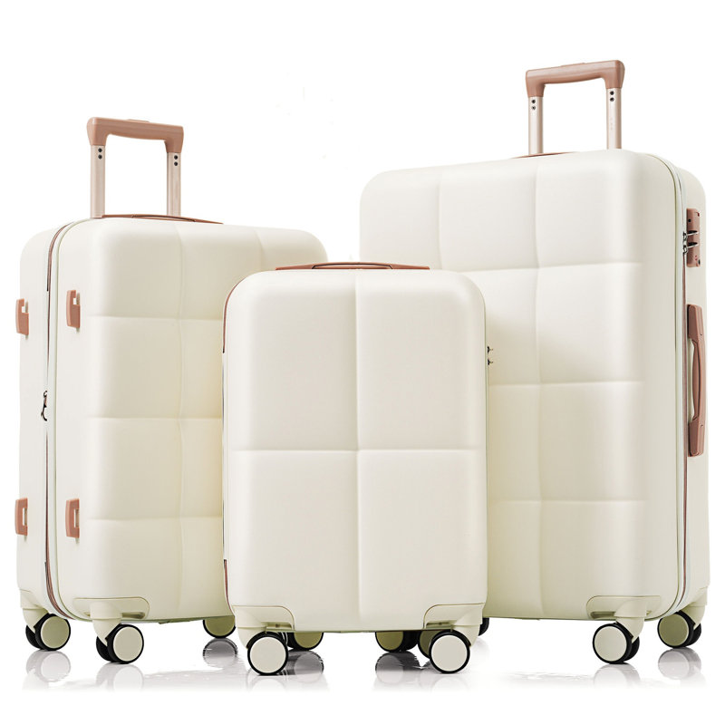 Luggage Set Of 3, Airline Certified Carry-On Luggage With Cup Holder, ABS Hard Shell Luggage With Spinner Wheels, White