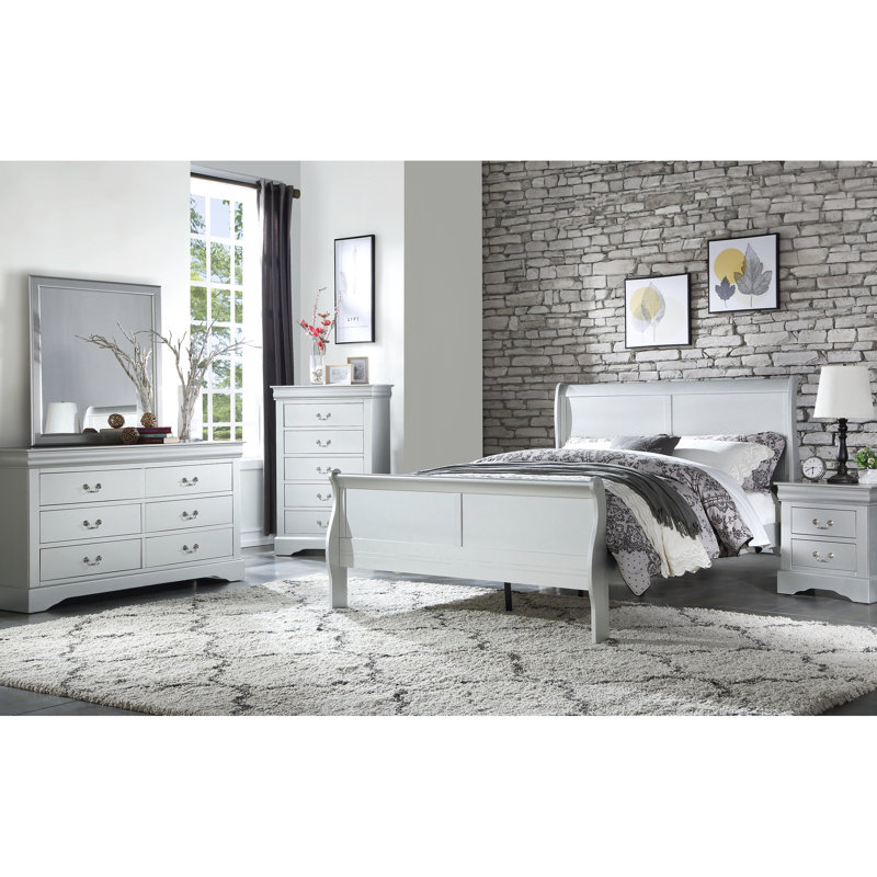 Bed, Platinum Finish, 74 Lb, 90 In. Width, Wooden Construction Elegant Finish Design, 47 Height, 80 Depth, Requires Box Spring