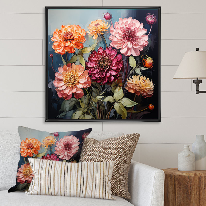 «Bold Zinnias Flowers I», reproduction sur toile, Cadre flottant noir, H 16 po x l 16 po