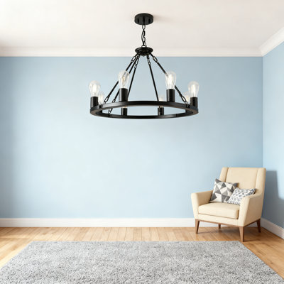 Lustre en roue de chariot à 8 lumières, luminaire suspendu industriel noir pour îlot de cuisine, salle à manger, vestibule, hauteur réglable avec douilles à intensité variable E26