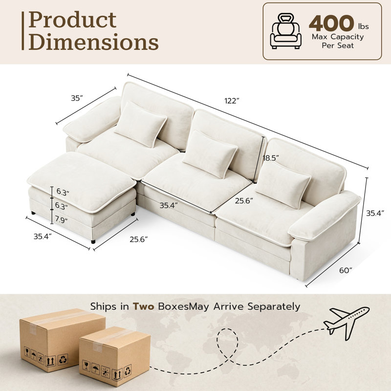 Canapé d'angle modulaire de 310 cm, canapé nuage en forme de L pour salon, beige, 4 places confortables et surdimensionnées, structure robuste, tissu chenille doux, avec 3 coussins décoratifs et un pouf amovible.