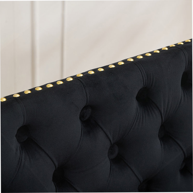 Velvet Double Dining Loveseat Bench, Kitchen & Dining Seating, 2-Seat Tufted Bench W/Handmade Buttons, Wing Back, Gold-Plated Steel Legs, Mid Century Modern,Single Pack,Black