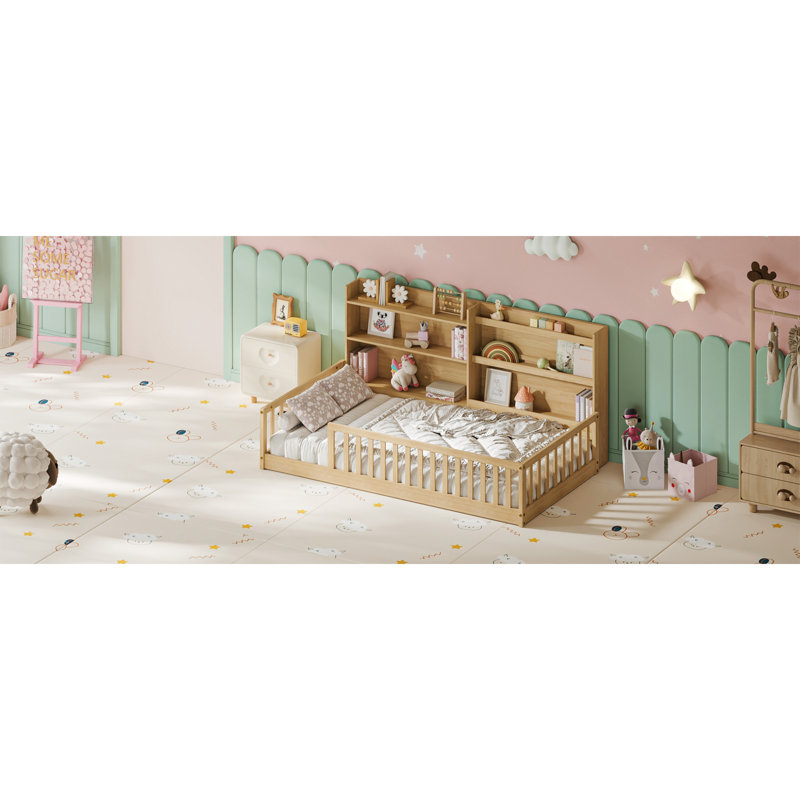 Lits jumeaux Montessori avec bibliothèque de rangement, en pin massif, chambre d'enfant moderne, Brun