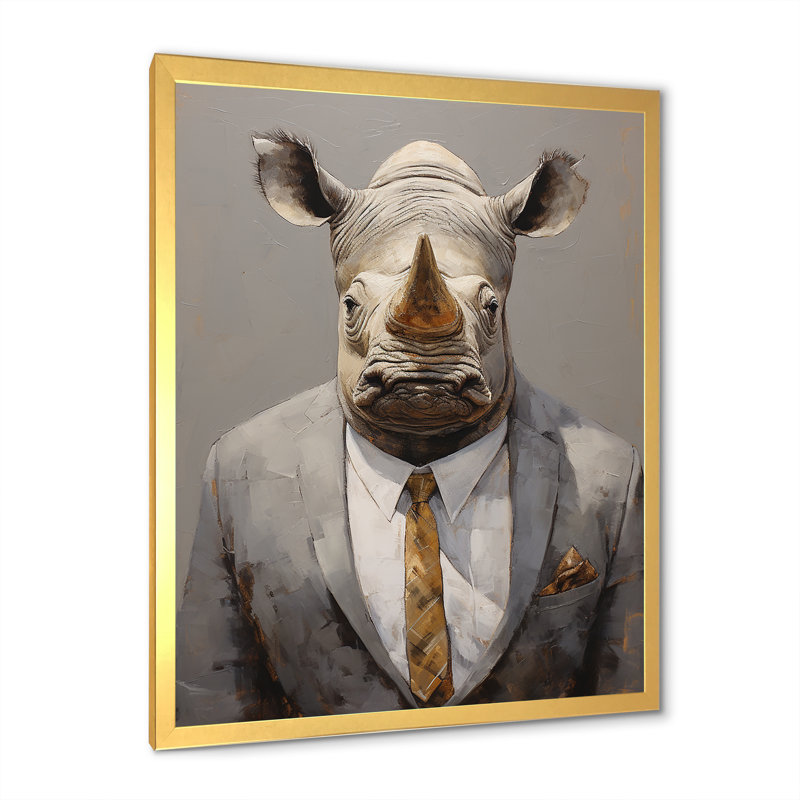«Business Hippo Portrait», reproduction d'art sur toile, Cadre doré simple, H 40 po x l 30 po x P 1,5 po