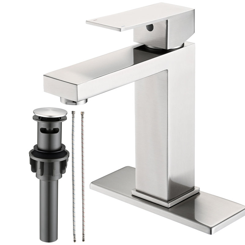 Bathroom Faucet Single Hole Stainless Steel - Deck-Mounted With & Drain Assembly, Brushed Nickel, 1.2 Flow Rate, Lever Handle, Ceramic Disc Valve For Vanity Tap And Sinks