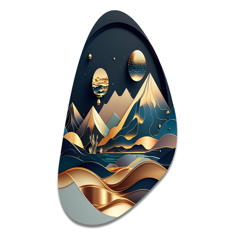 «Dreamy Golden Mountain I», art mural en métal asymétrique en marbre, impression d'art moderne en forme libre