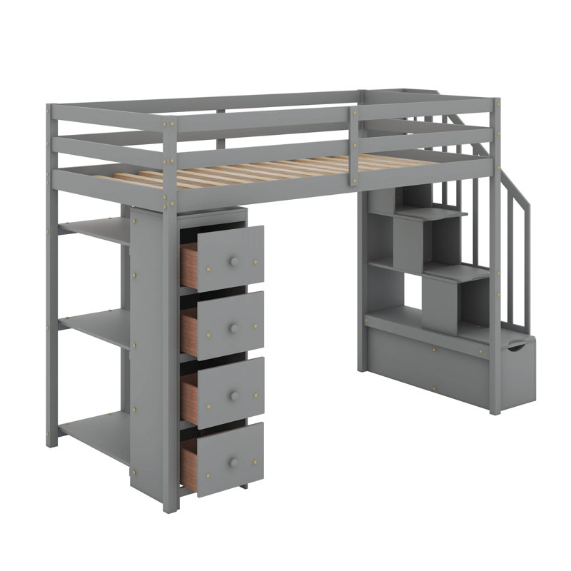 Lit mezzanine simple avec tiroirs et escaliers, gris