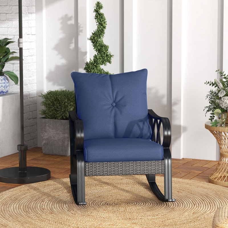 Outdoor Wicker Rocking Chair With Plush Cushions, Blue