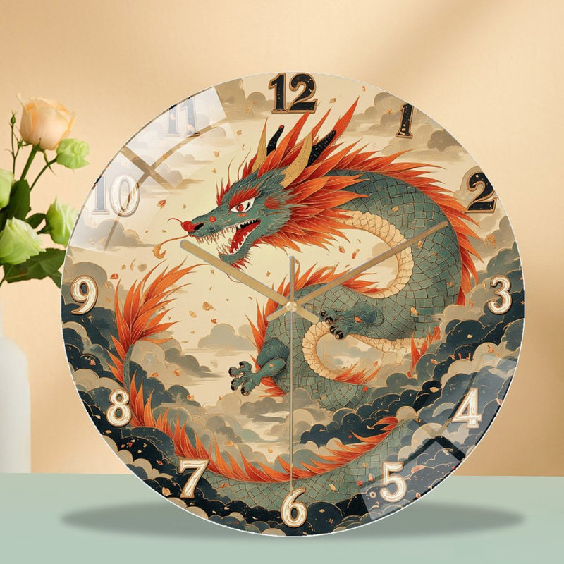 Horloge murale silencieuse en verre trempé de 30 cm, « Horloge murale Dragon », sans tic-tac, fonctionne avec des piles AA (non incluses), décoration artistique pour la maison