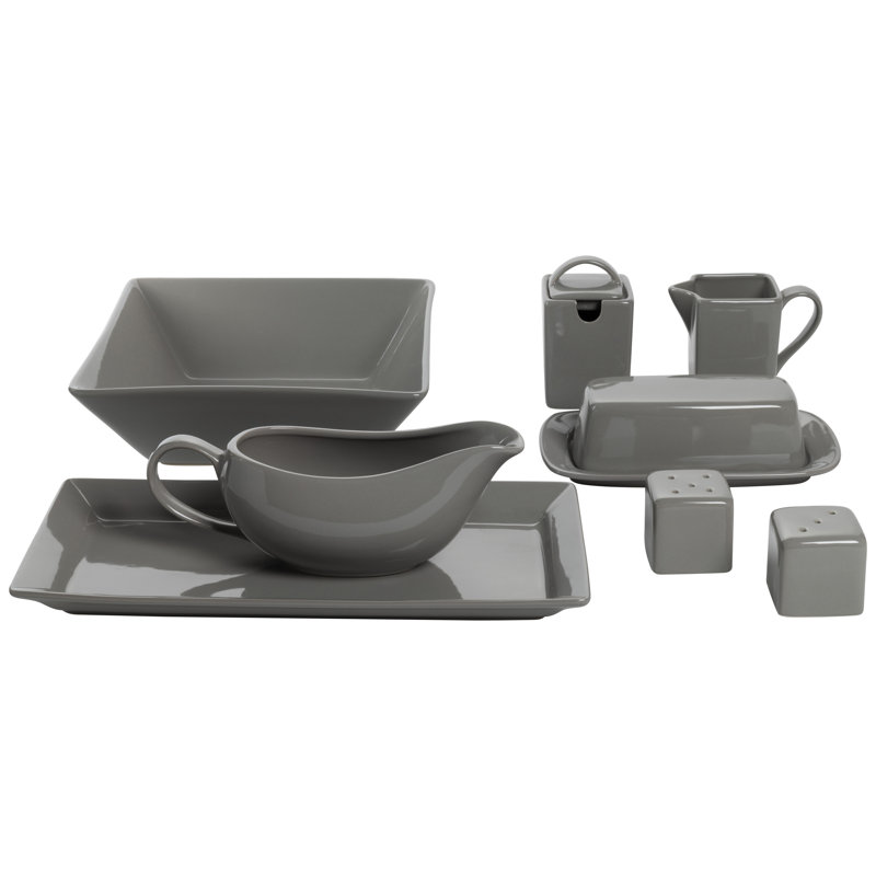 Nova Square Stoneware 38 Piece Dinnerware Set, Service for 6, Grey
