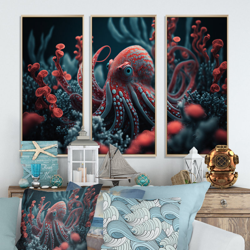 «Red Octopus On The Ocean Floor I», reproduction sur toile 3 pièces, H 28 po x l 36 po x P 1 po