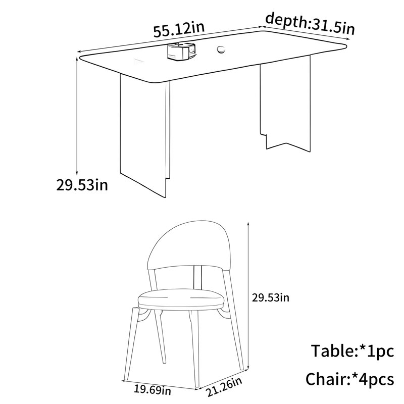 Declan, 5 Pieces: Table, 4 Chairs, 29.53" H x 55.12" W x 31.5" D