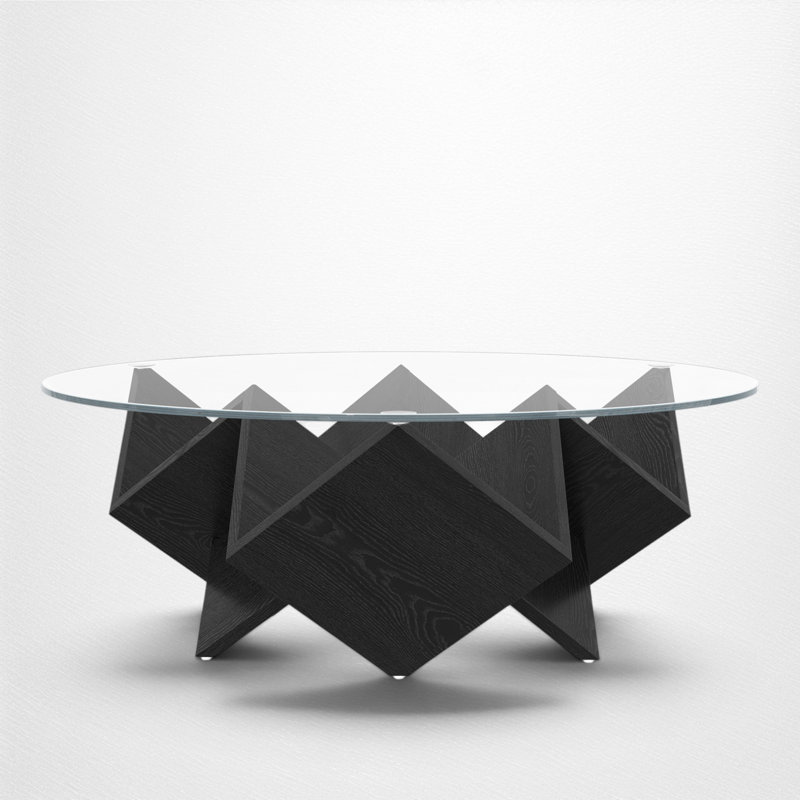 Table basse ronde en verre trempé, base de rangement géométrique, design sculptural abstrait, salon moderne, Noir