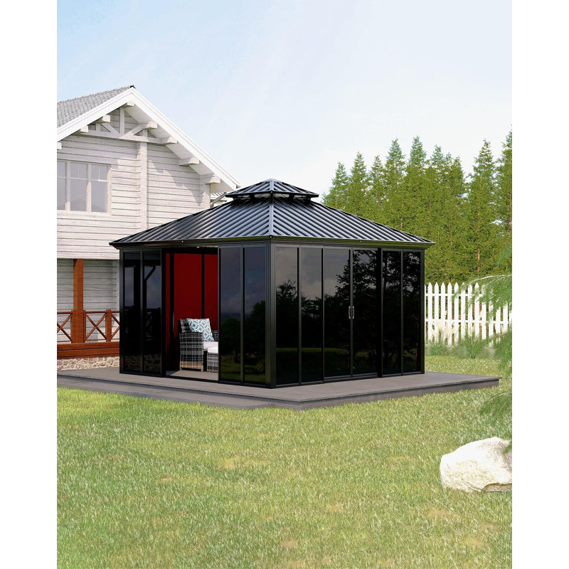 All-Season Enclosed Garden Sunroom Gazebo - 12x12 ft Hardtop Solarium with Floor-to-Ceiling Polycarbonate Sliding Doors, Double Roof