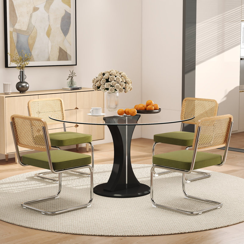 Ensemble de table de salle à manger haute brillance avec chaises en velours, Argenté / Noir, 5 Pieces: Table, 4 Chairs, Vert