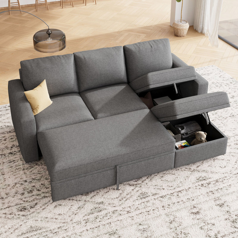 Anureet L-Shaped Sectional Modular Sofa Bed With Storage Seat, Gray Polyester