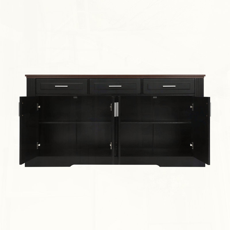Buffet cannelé avec 4 portes, 3 tiroirs et tablettes réglables, Black