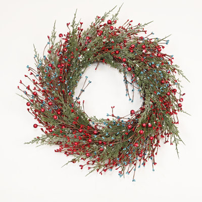 24" Artificial Farmhouse Twig Pip Frozen Cypress Leaves Red Berries Christmas Front Door Wreath Xmas Winter Holidays Decor