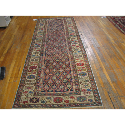 1890s Rectangle Antique Wool Allover Geometric Blue Hand Knotted Pile Rug