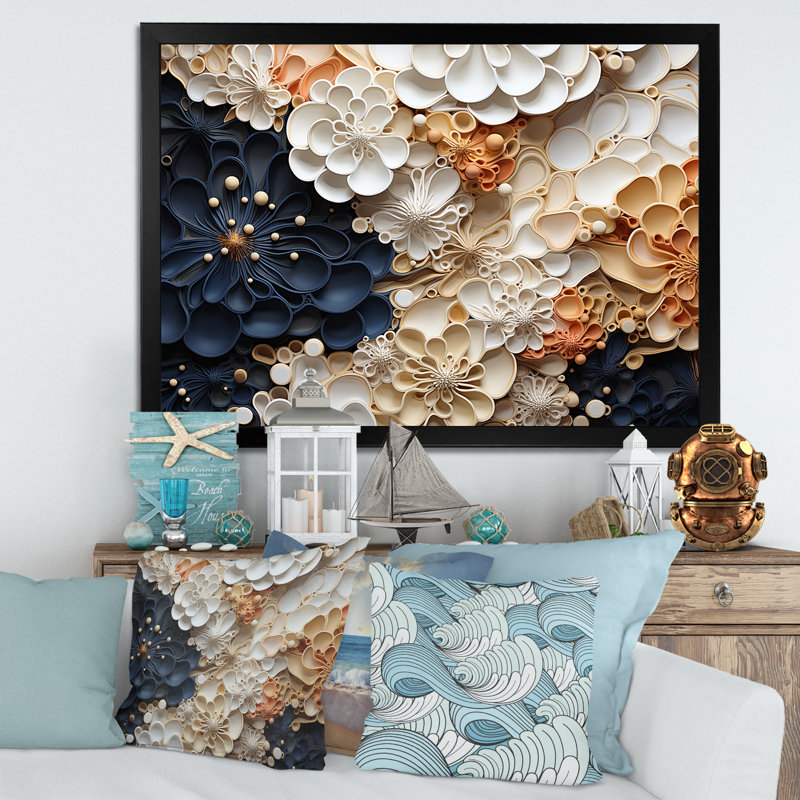 Collage de fleurs blanches et bleues corail II - impression, Cadre simple noir, H 12 po x l 20 po x P 1 po