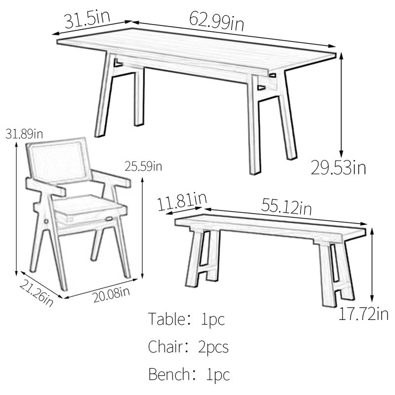 Walnut practical dining table, 29.53"H x 62.99"L x 31.5"W