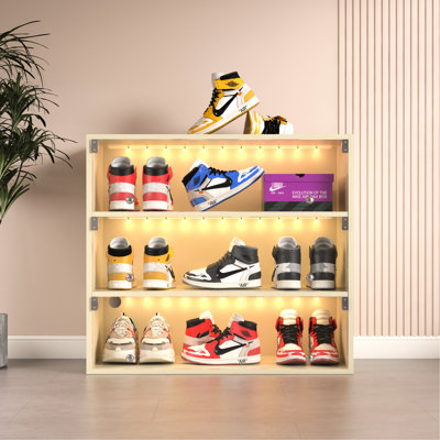 Led Lighted Shoe Box Storage With Glass Panels - 3 Layers, Wood Made, Accommodates 9 Pairs Of Sneakers, Stackable Unit Cabinet Crafted, Holds Up To Op