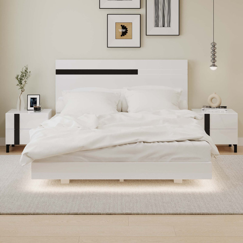 High Gloss 3-Piece Bedroom Set Floating Bed Frame Queen Size Platform Bed With LED Light & 2 Nightstands
