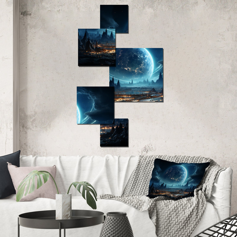 «White and Blue Cosmic Space Landscape I», ensemble d'art mural carré 5 pièces