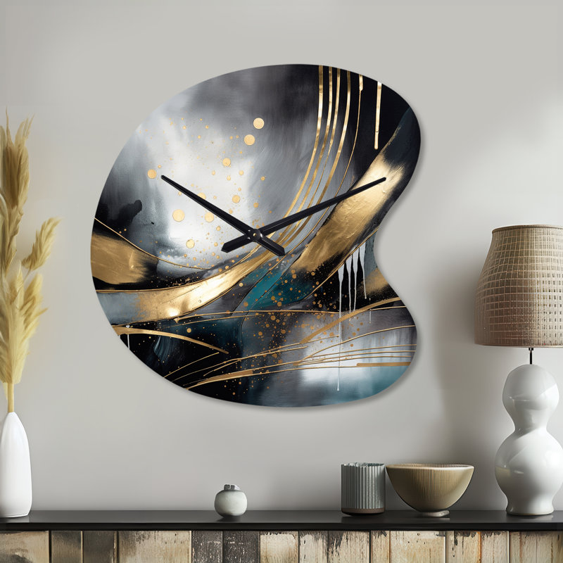 Horloge murale asymétrique en forme de marbre avec formes abstraites en marbre II, formes irrégulières dorées, Petit