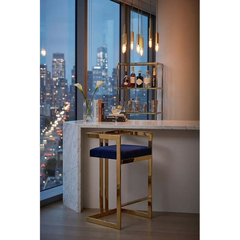 Tabouret de comptoir moderne Pangea Home, Velours marine, Doré, Tabouret de comptoir (siège d'une hauteur de 25,5