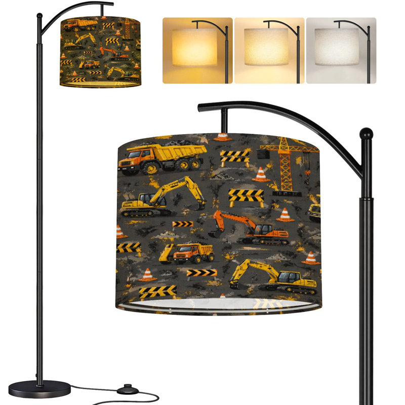  Arc Floor Lamp Construction Vehicles Equipment Yellow Cranes Dump Trucks Excavators Tall Modern Standing Lamp LED Adjustable Linen Lampshade 3 Color Temperatures
