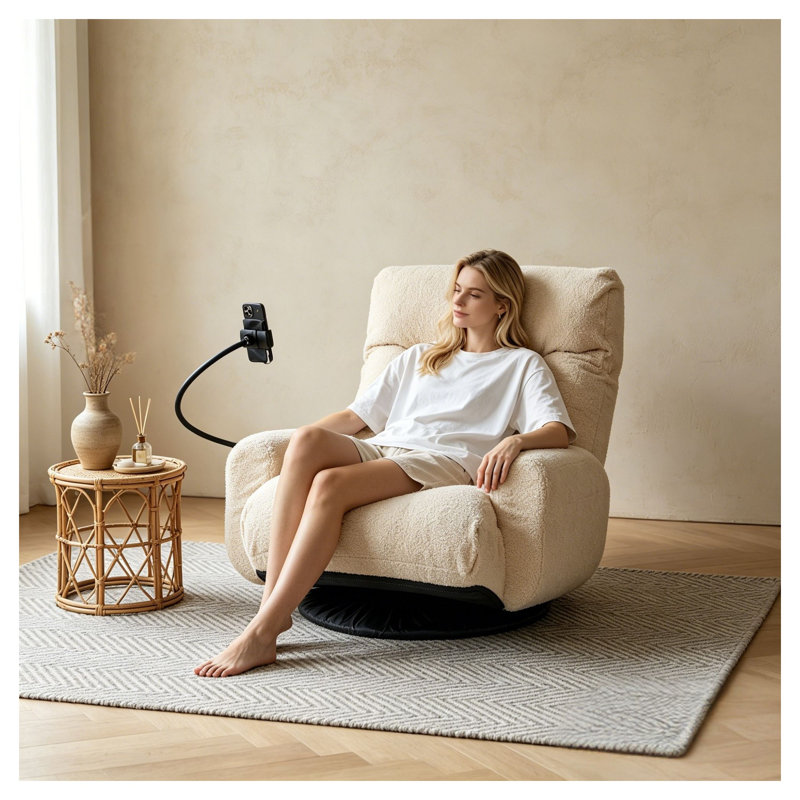 Chaise longue réglable en métal avec base pivotante à 360 degrés et inclinaison à 5 positions, blanc beige