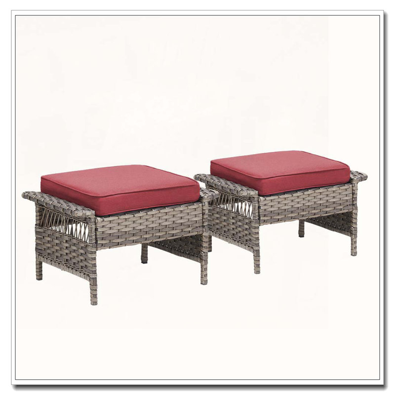 Outdoor PE Wicker Ottomans Set of 2 with Gray Cushions