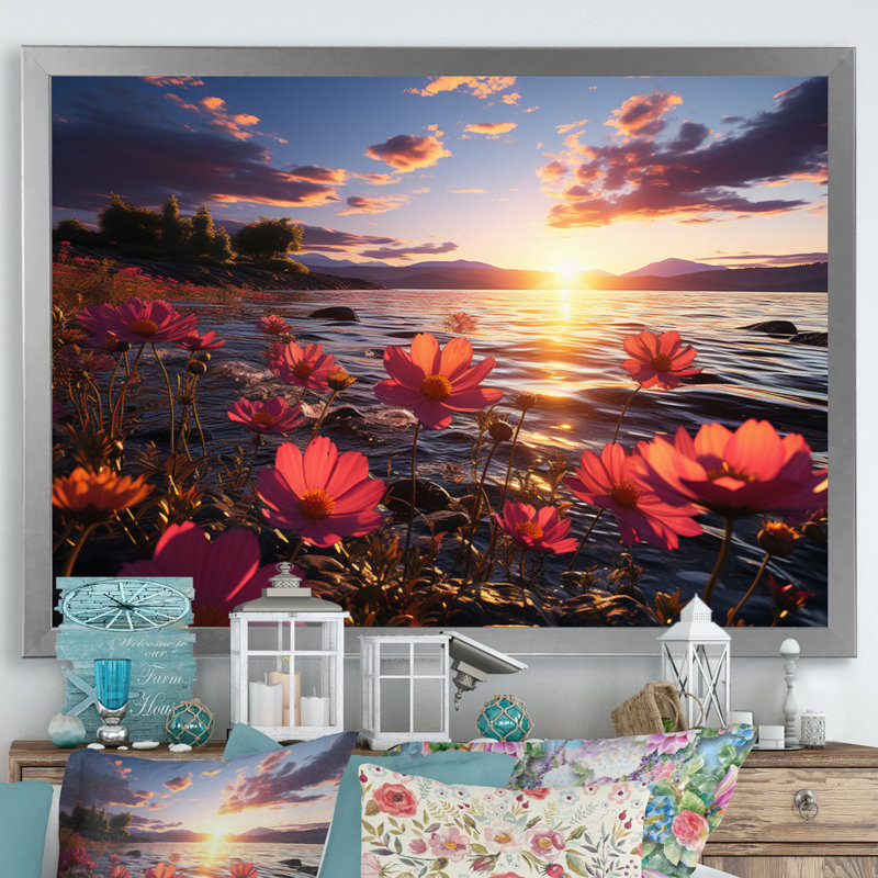 Coucher de soleil sur le champ de fleurs sauvages, H 12 po x l 20 po x P 1 po, Cadre simple argenté