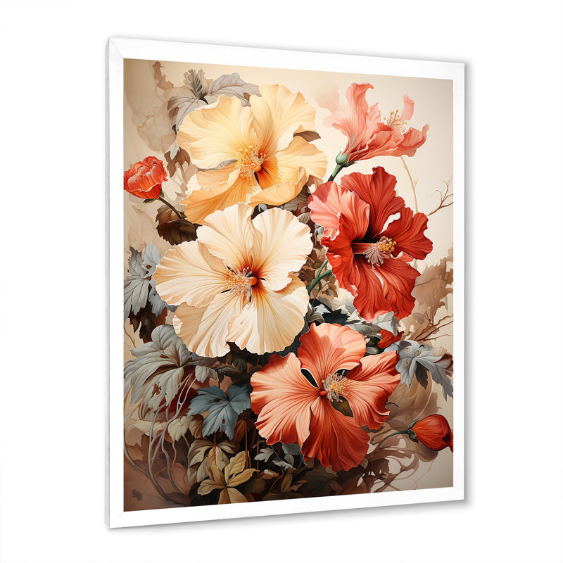 Vintage Charm Hibiscus, reproduction d'art sur toile, Cadre simple blanc, H 20 po x l 12 po x P 1 po