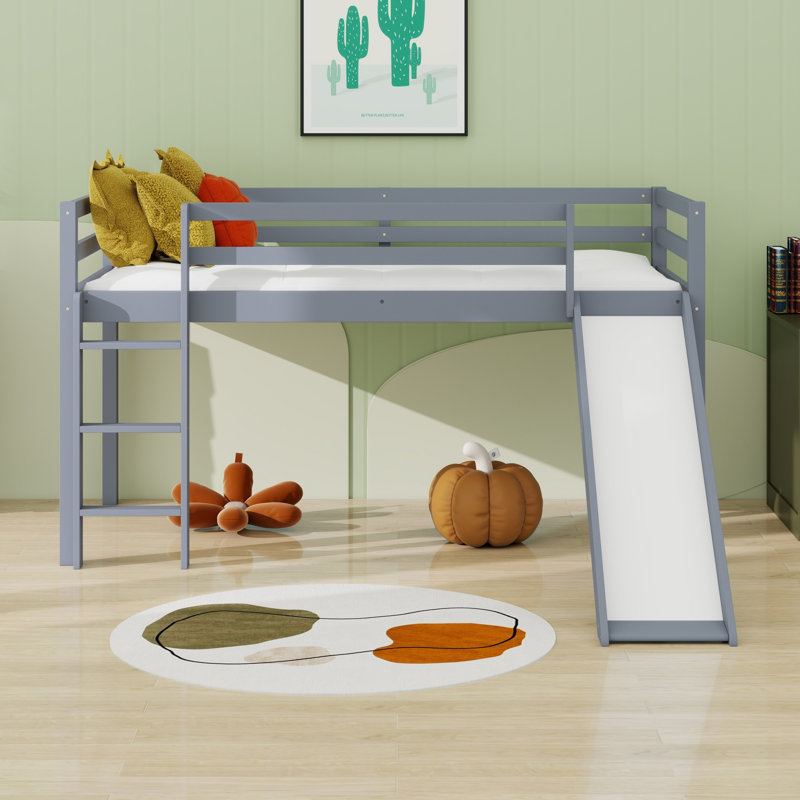 Low Loft Bed With Slide, Ladder, Safety Guardrails, Gray