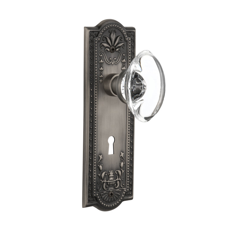 Crystal Oval Interior Mortise Door Knob with Meadows Long Plate, Antique Pewter