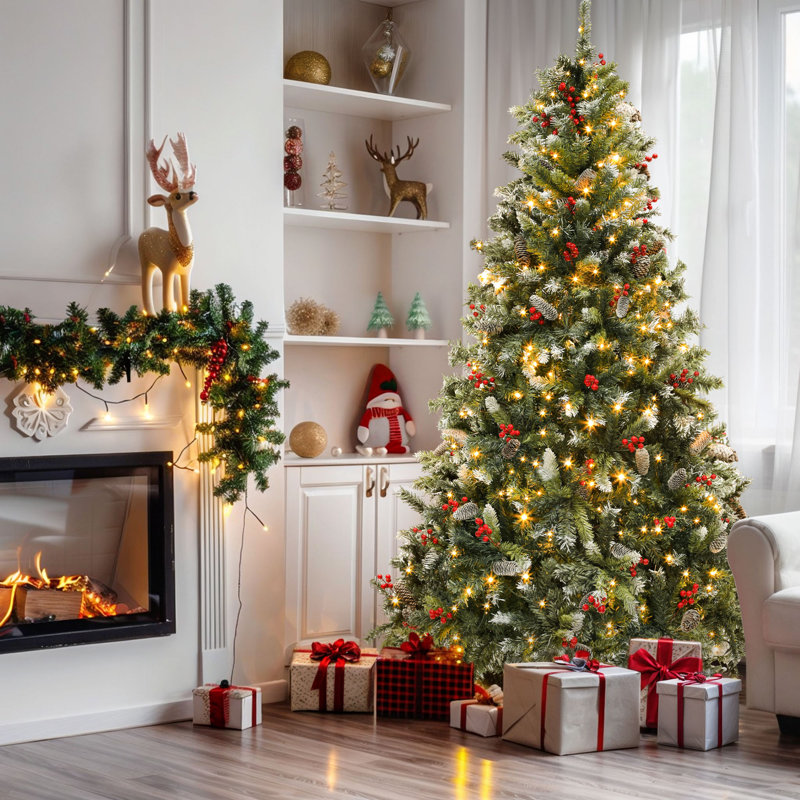 Arbre de Noël artificiel pin givré 9 pi avec pommes de pin et baies pré-éclairées 9 pi, 9'