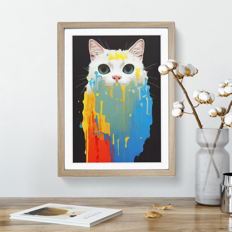 Cat Dripping No.5 1 Piece Single Picture Frame Wall Art, 46cm H x 34cm W x 2cm D, Oak Framed