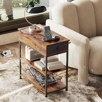 Narrow Side Table With Charging Station, End Table, Couch Table With Fabric Drawer For  For Living Room, Bedroon