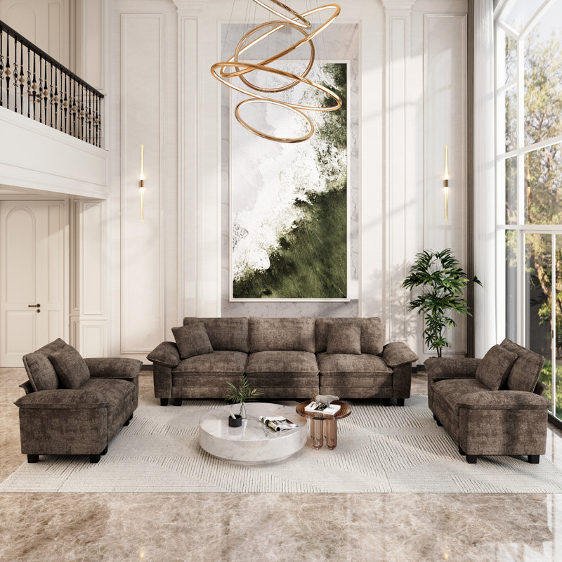 3-piece Upholstered Modular Sectional Sofa Sets, Oversized Couch Set With Sofa And Armchairs, Brown Chenille
