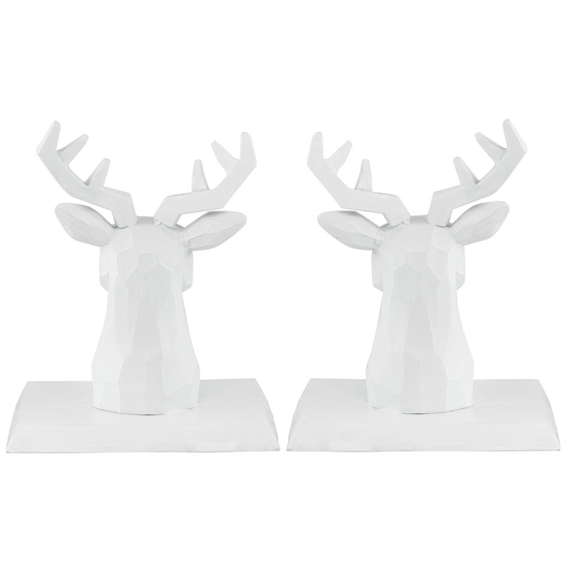 White Hand-Carved Reindeer Head Stocking Holders, Set of 2