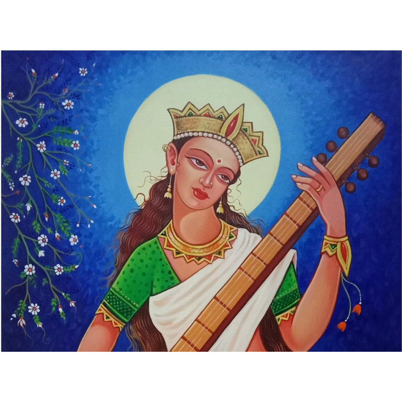 Maa Saraswati jouant à Sitar | Acrylique sur toile | Par Santosh Narayan Dangare