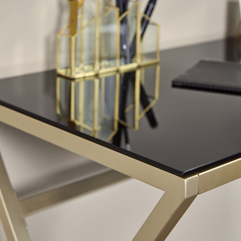 Hematite Glass Top Metal Base Writing Desk, Gold, Black Glass