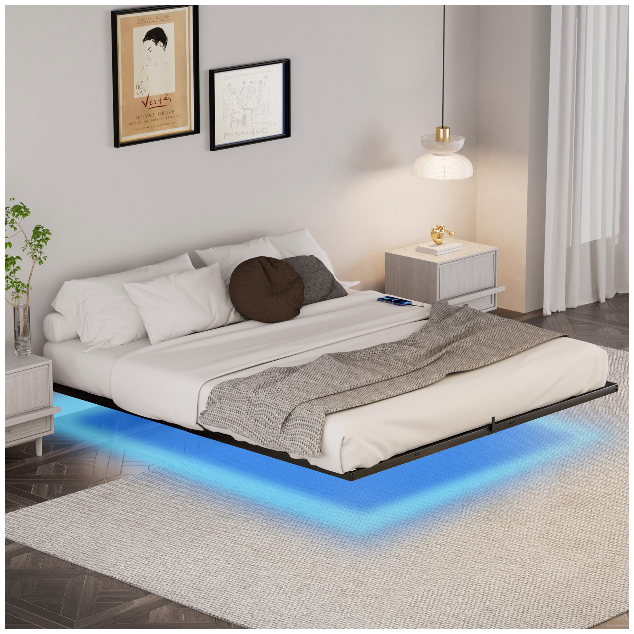 Ebern Designs Floating Bed Frame with LED Lights & charging station ...