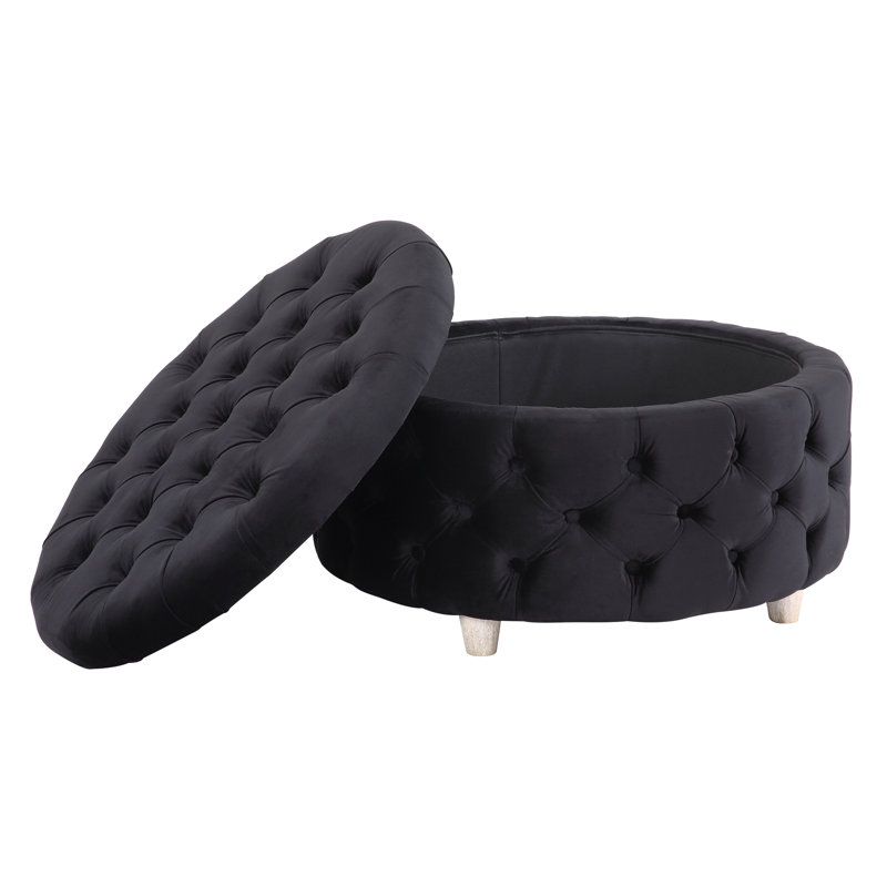 Repose-pieds de rangement rond en velours de 29,5 po Kirsten, Velours noir